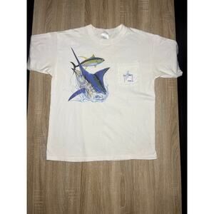 Guy Harvey Vintage Fish Pocket Print White TShirt Large